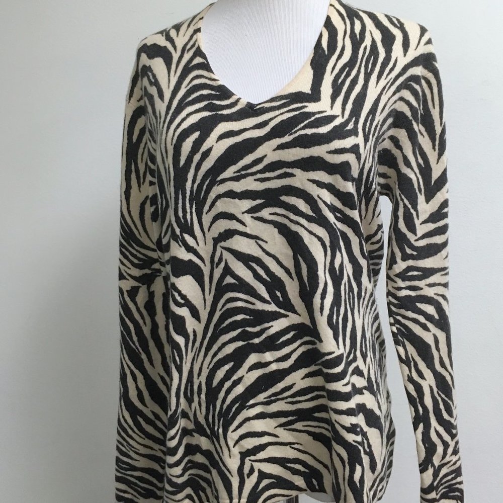 McDuff black ivory zebra stripe cashmere sweater L